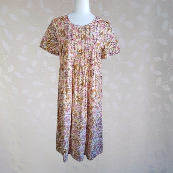Vintage 90s Romantic Floral Pleat Front Knee Length Dress Bentley Yellow Pink 6 - Picture 2 of 16